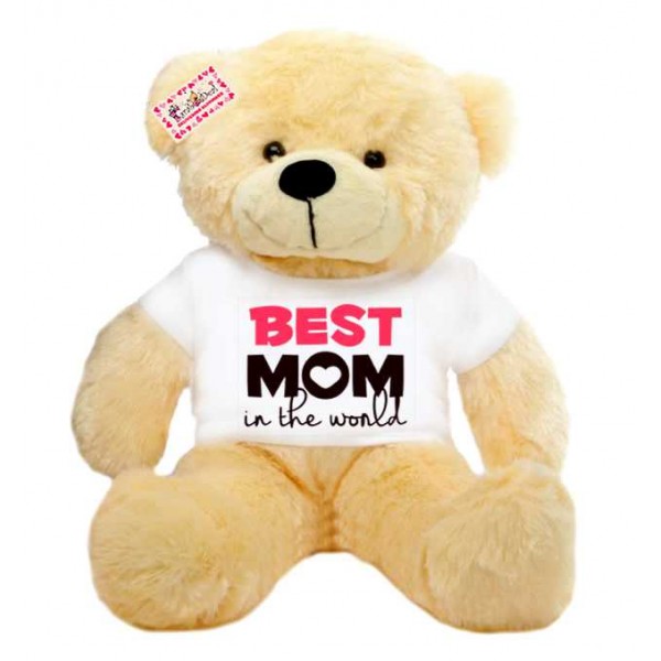 2 feet big peach teddy bear wearing Best Mom in the world T-shirt